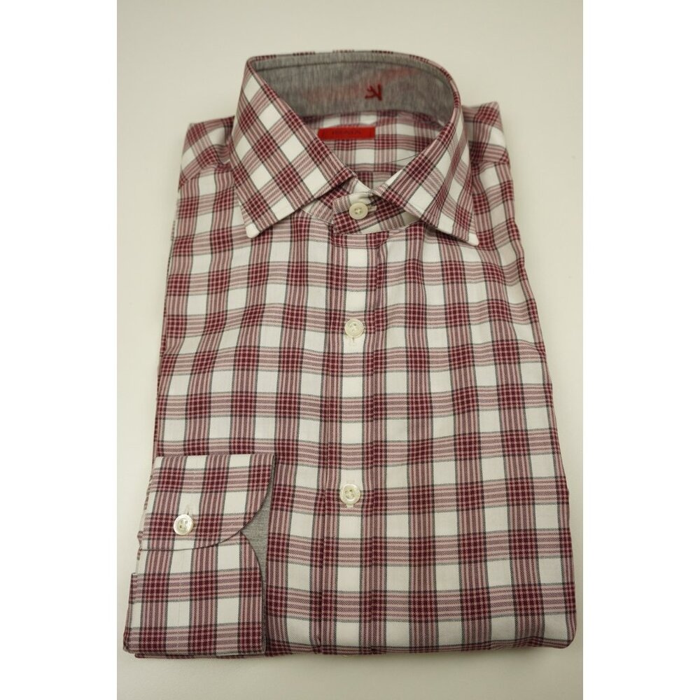 Isaia Pink Merlot White Plaid Long Sleeve Cotton Dress Shirt 15.5/39 NEW